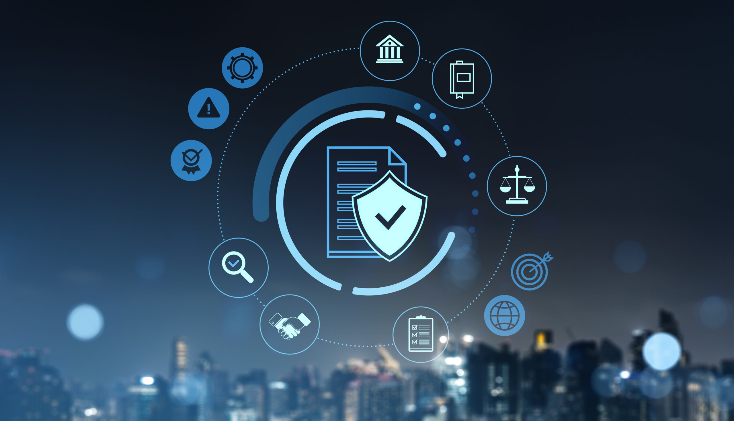 data protection and compliance icons concept on digital interface over cityscape.